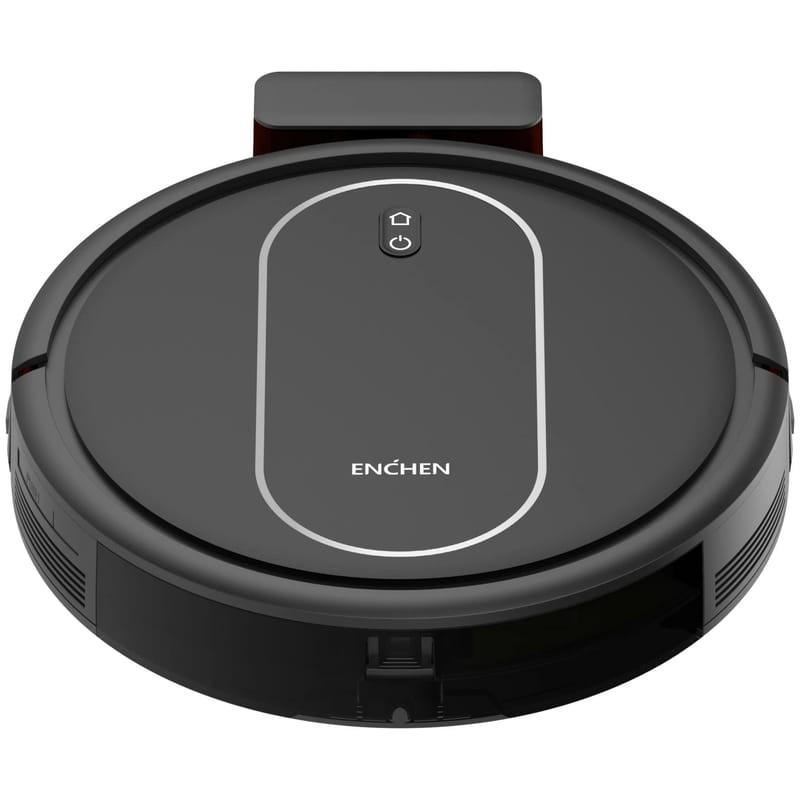 Vue de face de l'aspirateur robot Enchen R2 Pro Black et de la base de chargement