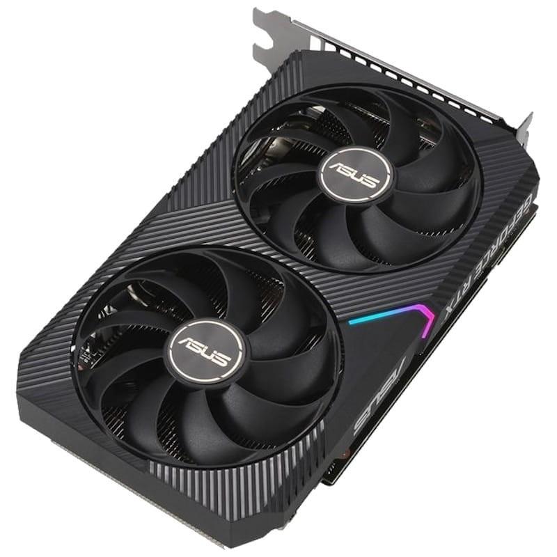 Vista inclinada da placa gráfica ASUS Dual GeForce RTX 3060 V2 OC Edition 12GB GDDR6