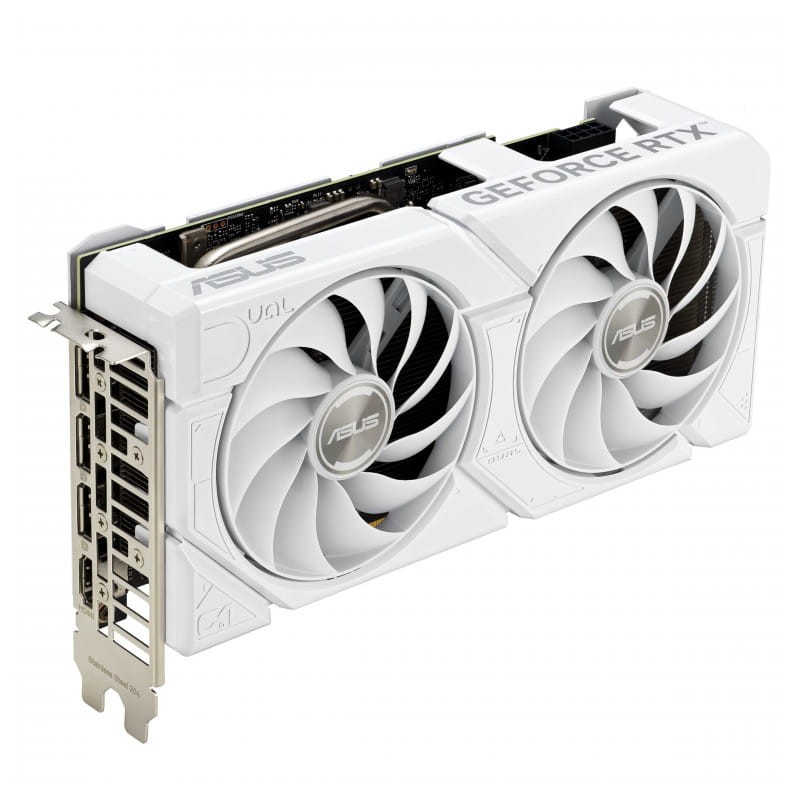 ASUS DUAL-RTX4070 O12G EVO Blanco 12 GB GDDR6X - Tarjeta gráfica imagen de los puertos y ventiladores