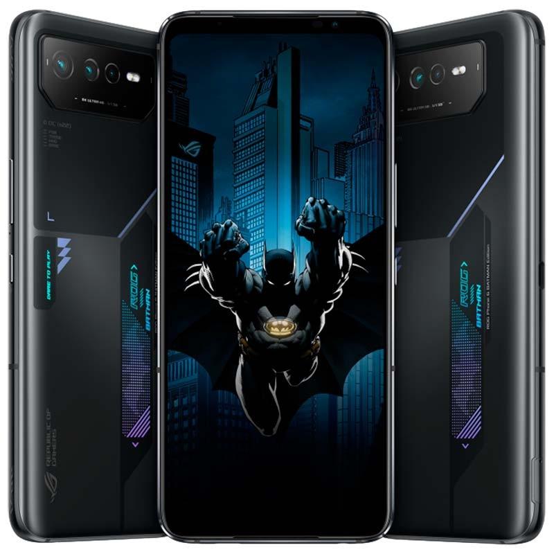vista frontal e lateral do Asus ROG Phone 6 5G 12GB/256GB Mobile Phone Batman Edition