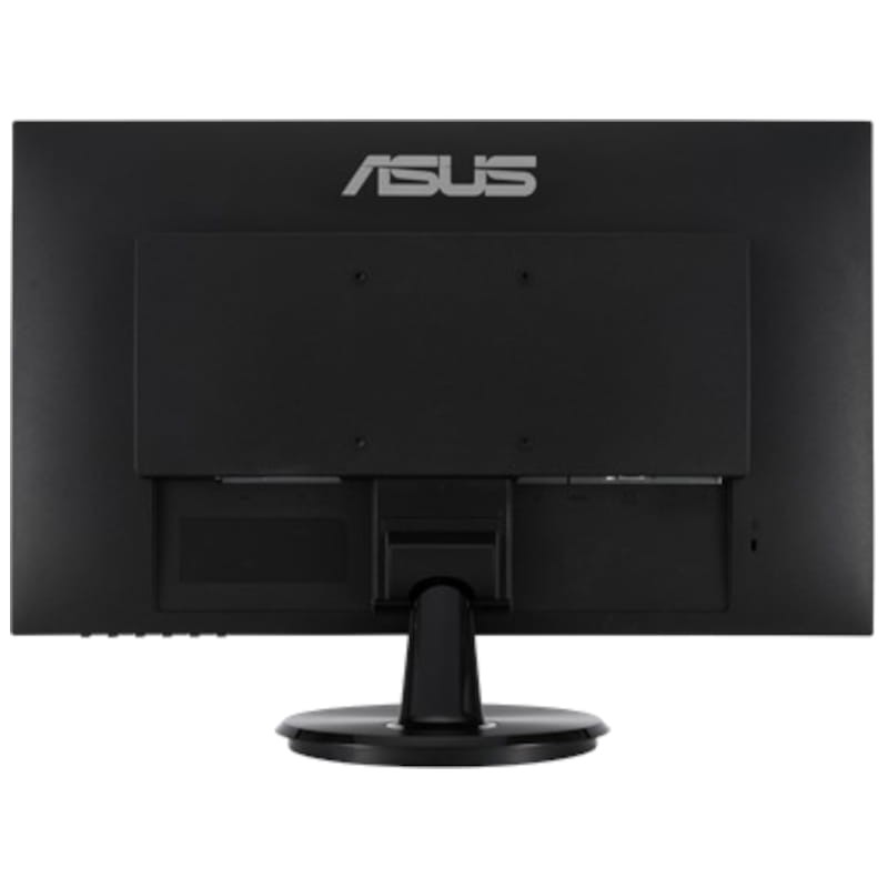 Parte trasera de monitor ASUS VA24DQ negro, 23.8 pulgadas, carcasa mate con soporte central redondo y zona VESA rectangular para montaje