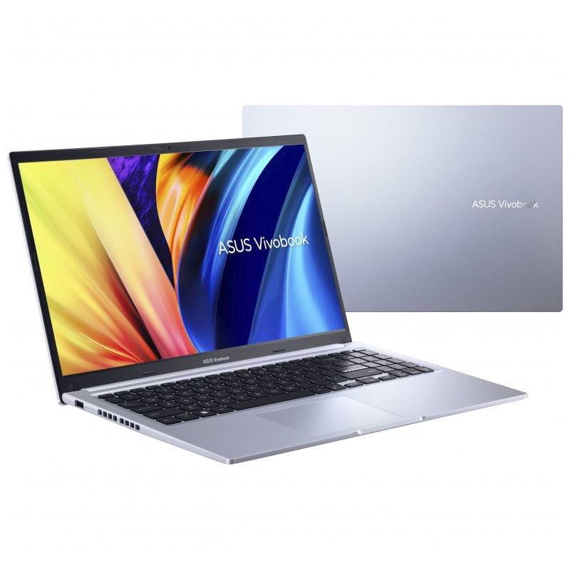 Vista múltiple do portátil ASUS VivoBook 15 M1502YA-NJ147W 16GB/512GB Prata aberto e vista traseira
