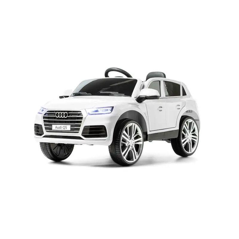 Audi Q5 12V Blanco para niños, SUV eléctrico con carrocería blanca brillante, faros LED, llantas grandes cromadas y volante deportivo con asiento individual