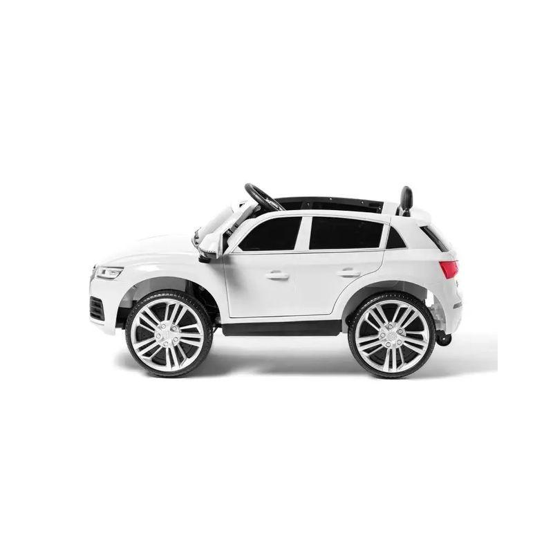 Audi Q5 12V Blanco para niños con carrocería SUV, puertas funcionales, llantas deportivas plateadas, volante negro y detalles realistas en faros y parrilla