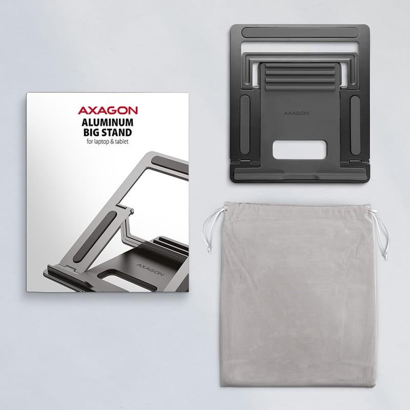 Axagon STND-L Gris – support pliable en aluminium pour ordinateur portable, réglable en hauteur, pieds antidérapants, livré avec housse et boîte