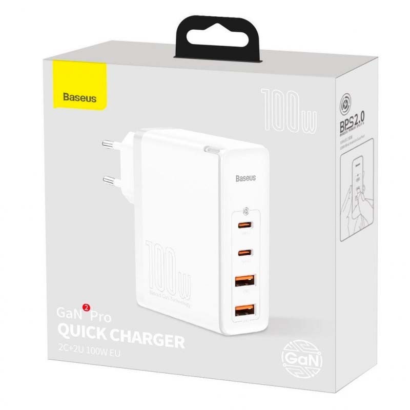 embalaje del Baseus Cargador GaN2 Pro 100W 2xUSB-C+2xUSB Blanco