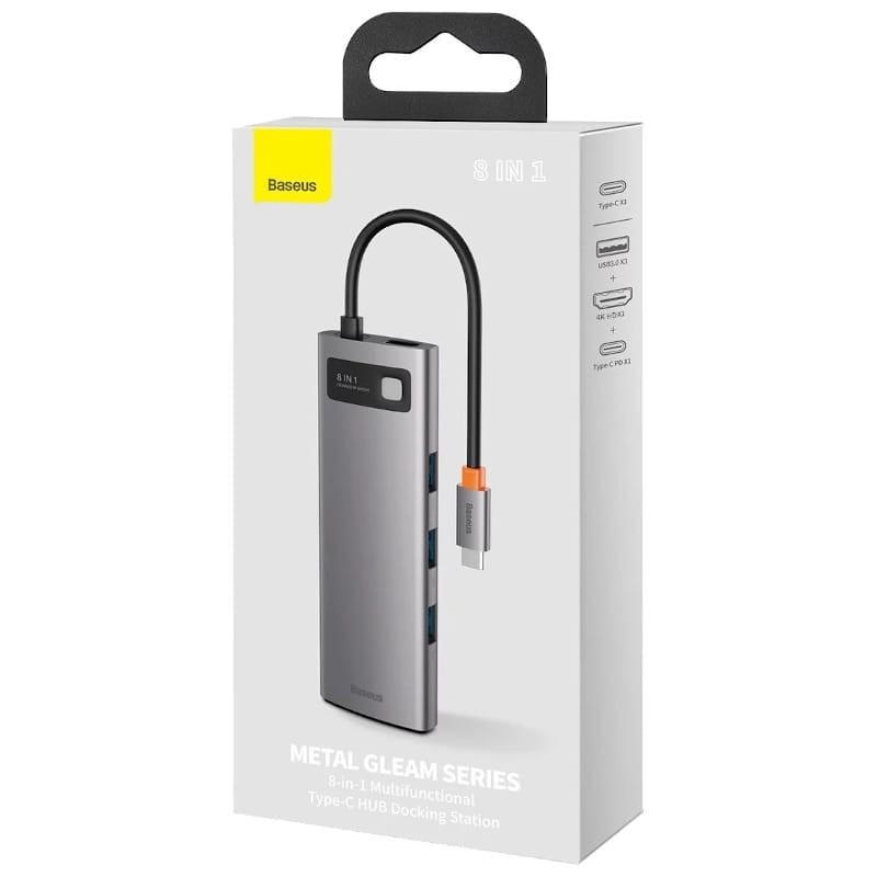 Baseus Hub Metal Gleam 8 en 1 Tipo-C 3x USB 3.0 PD HDMI RJ45 Lector de tarjetas SD MicroSD - Caja