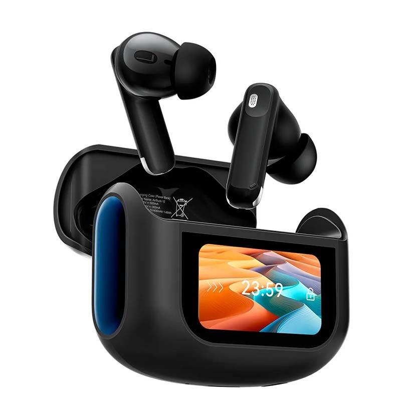 Blackview AirBuds 12 Preto com estojo de carregamento - vista frontal e lateral esquerdo