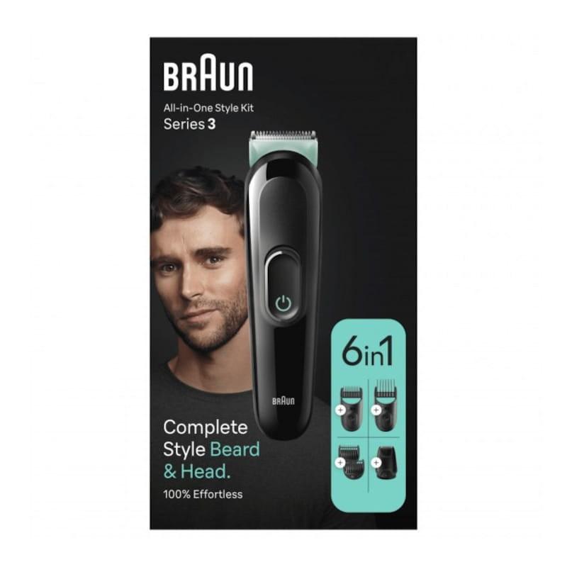Vista frontal da caixa do Aparador de Barba Elétrico Braun MGK3411 6 em 1 Preto