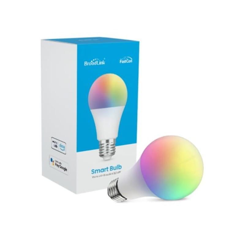 Lâmpada LED RGB inteligente Broadlink LB4E27 E27 9W junto à sua caixa