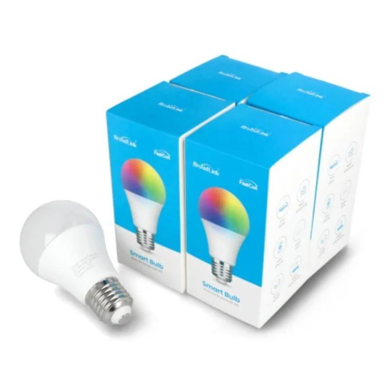 Lâmpada LED RGB inteligente Broadlink LB4E27 E27 9W (pacote de 4) junto à sua caixa
