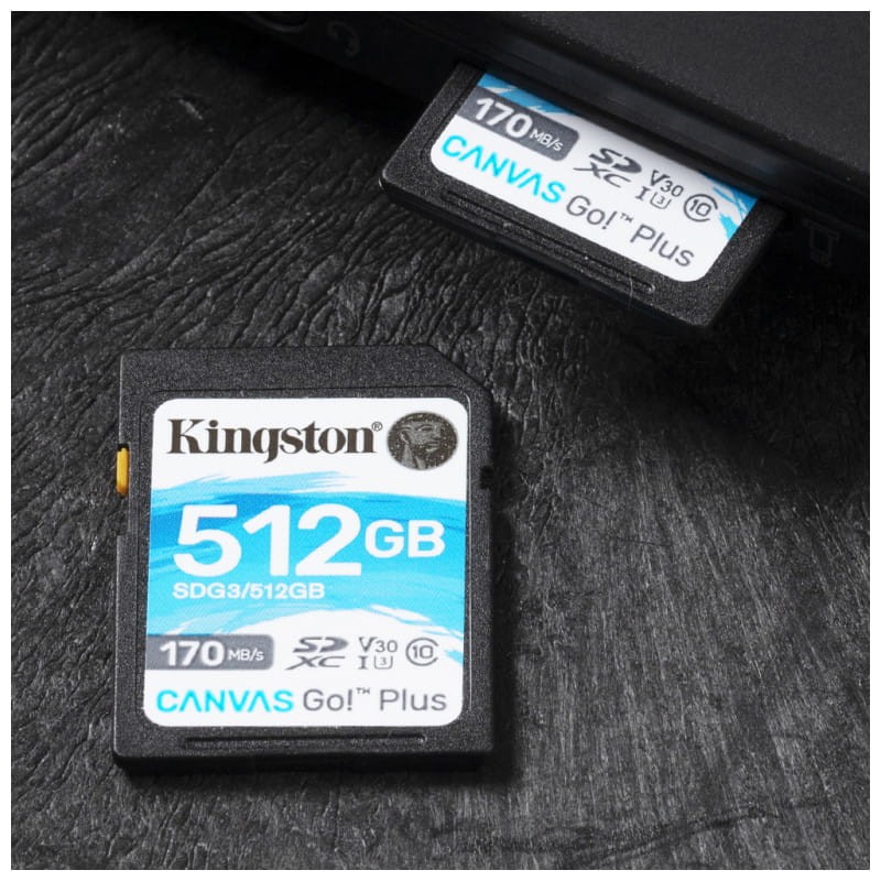 Kingston Canvas Go! Plus 512 GB Clase 10 UHS-I U3 V30 Negro / Turquesa - Tarjeta SD imagen con teléfono