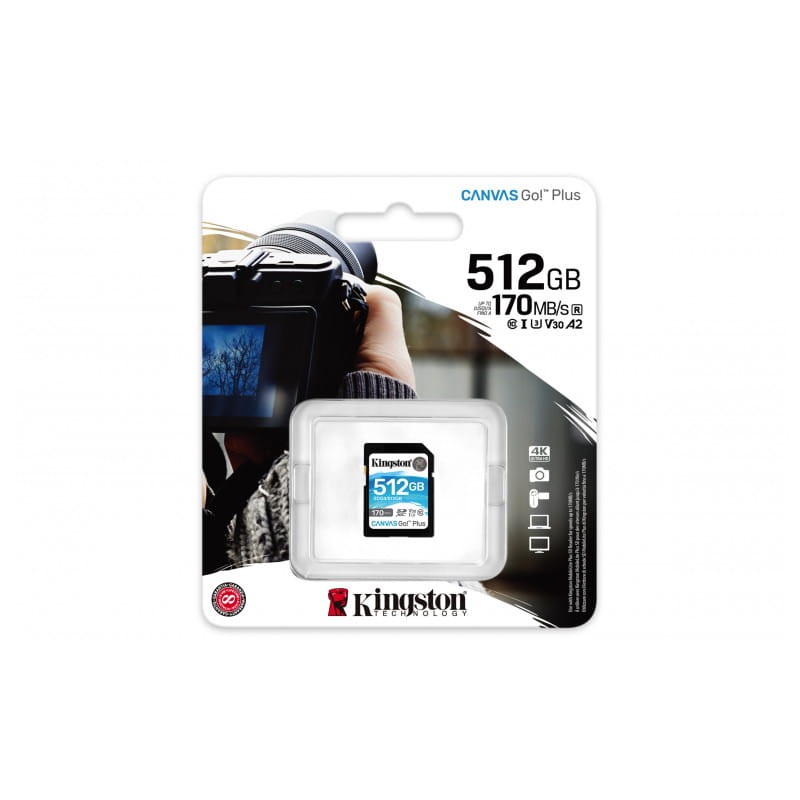Kingston Canvas Go! Plus 512 GB Clase 10 UHS-I U3 V30 Negro / Turquesa - Tarjeta SD imagen de la caja