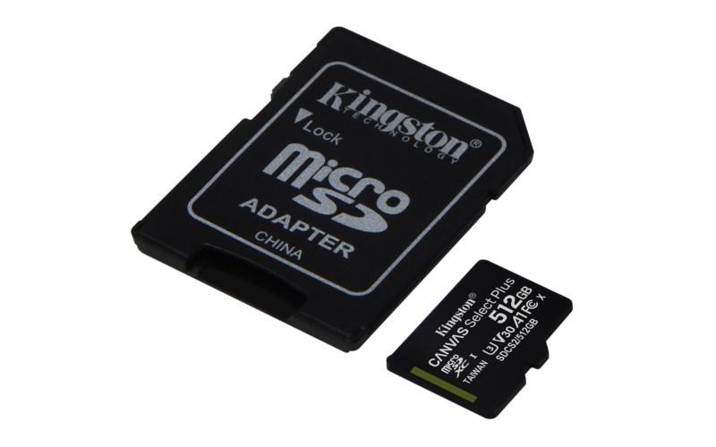 Kingston Canvas Select Plus 512 GB Clase 10 UHS-I U3 V30 Negro - Tarjeta microSD imagen con adaptador