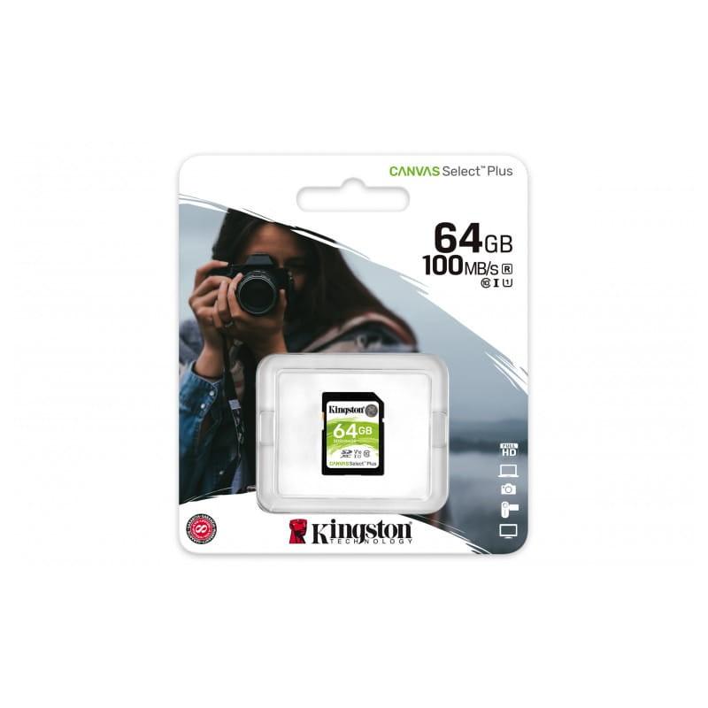 Kingston Canvas Select Plus 64 GB Classe 10 UHS-I U1 V10 Verde / Branco - Imagem da embalagem do cartão SD