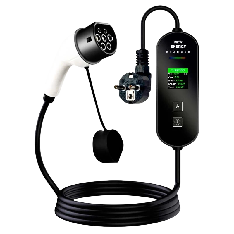 Cargador de Coche Eléctrico e Híbrido Tipo 2 con Pantalla LCD - 16A/3.5KW/ Cable de 5M con Cabezal de Enchufe schuko
