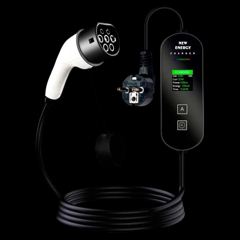 Cargador de Coche Eléctrico e Híbrido Tipo 2 con Pantalla LCD - 16A/3.5KW/ Cable de 5M con Cabezal de Enchufe schuko
