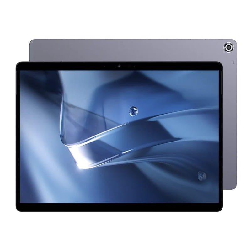 Tablet Chuwi Hi10 Max gris con pantalla 12.96, bordes finos y cámara trasera en esquina; incluye funda soporte. Clase A reacondicionado, diseño elegante.
