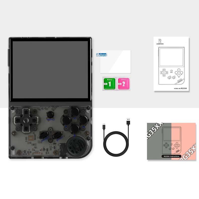 contenido del embalaje de la Consola Retro Portátil Anbernic RG35XX 2024 64GB Negro transparente