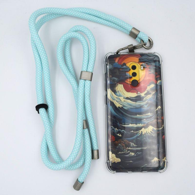 Photographie réelle du Cordon pour Téléphone Portable Bleu Clair et Blanc - Universel avec Carte pour Toutes les Coques