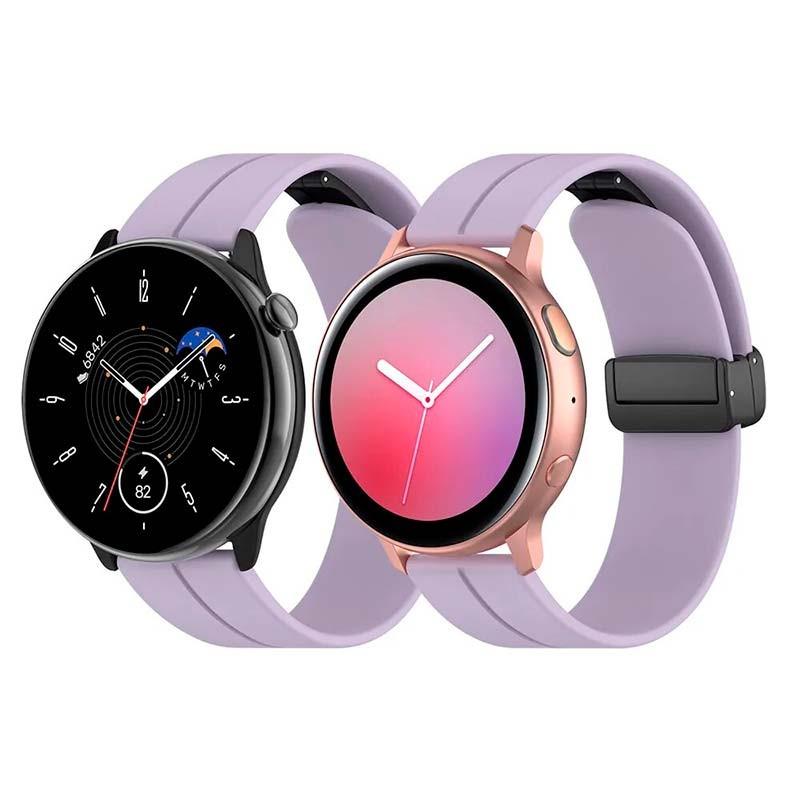 Vue de face du bracelet en silicone pourpre avec fermoir magnétique universel de 22 mm pour montre intelligente