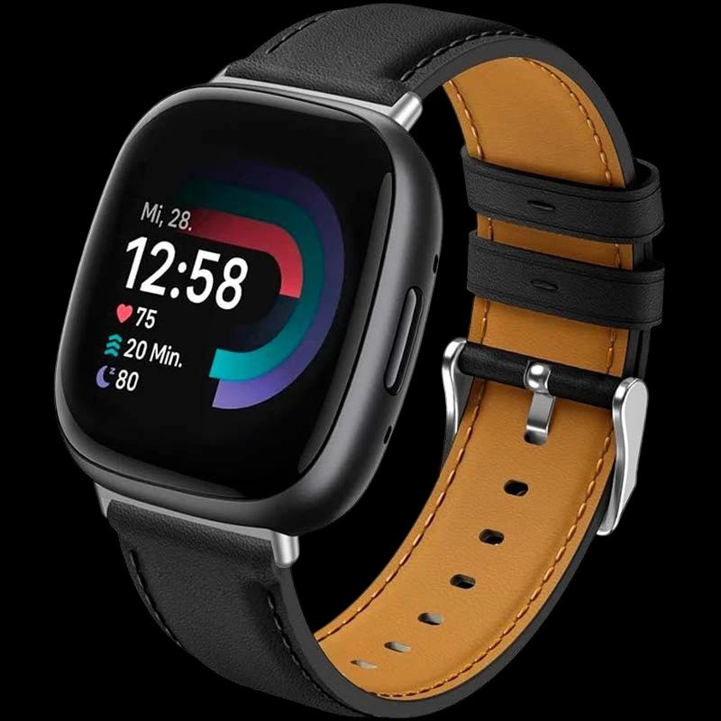 Pulseira de couro preto para Fitbit Versa 4