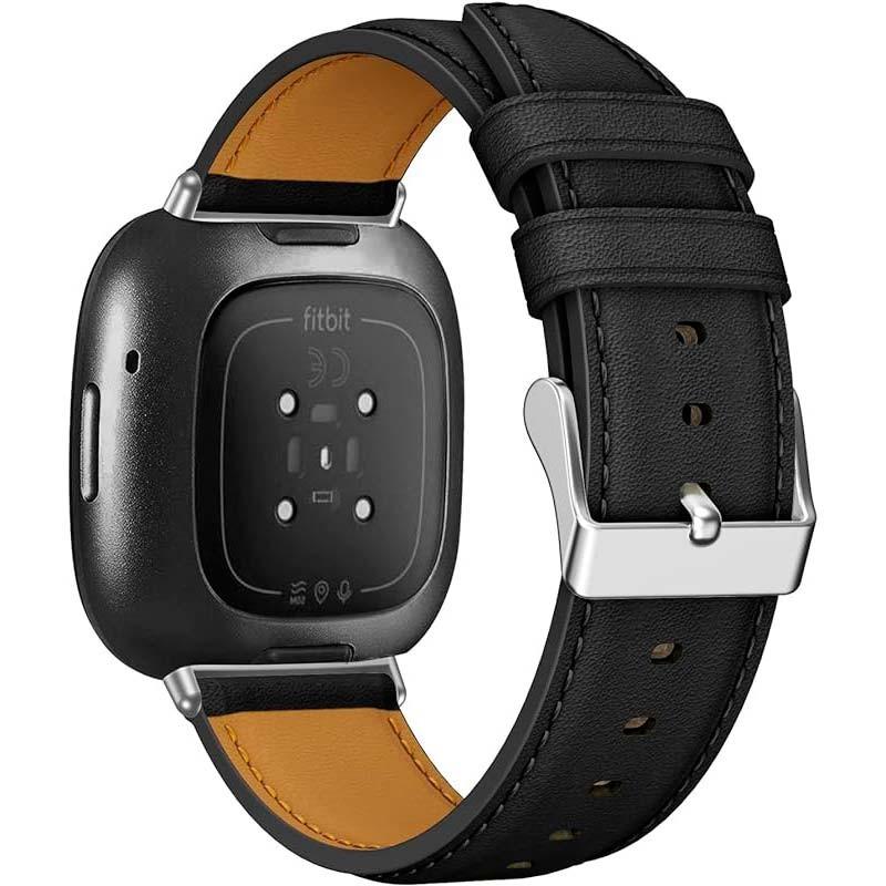 Vista traseira da Pulseira de couro preto para Fitbit Versa 4