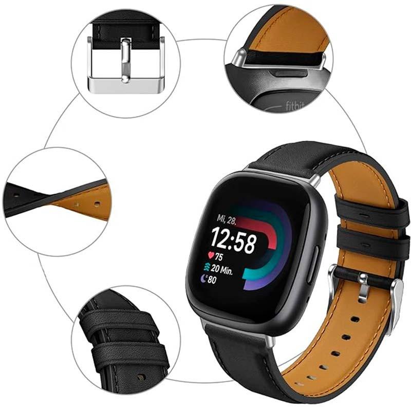 Vista detalhada da Pulseira de couro preto para Fitbit Versa 4