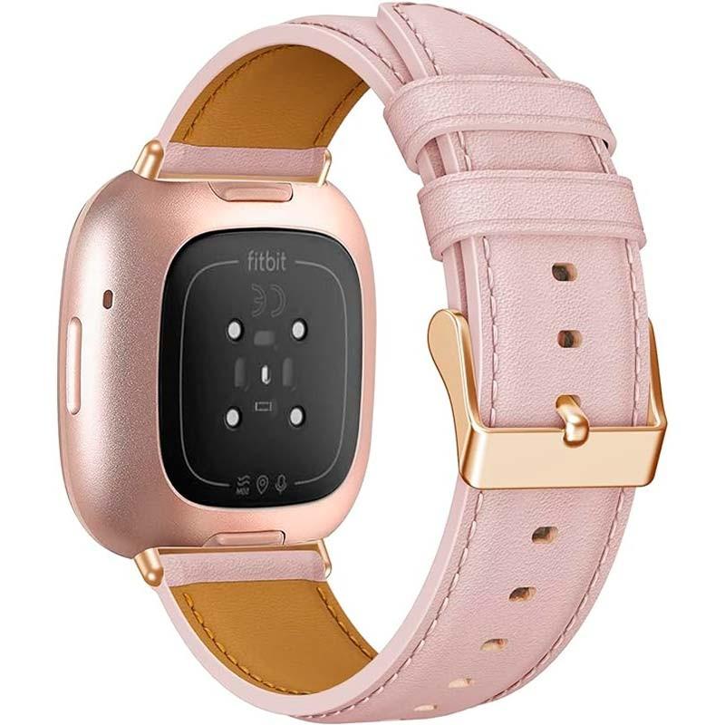 Vista traseira da Pulseira de couro rosa para Fitbit Versa 4