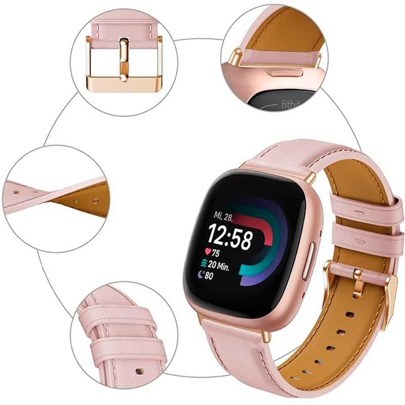 Vista detalhada da Pulseira de couro rosa para Fitbit Versa 4