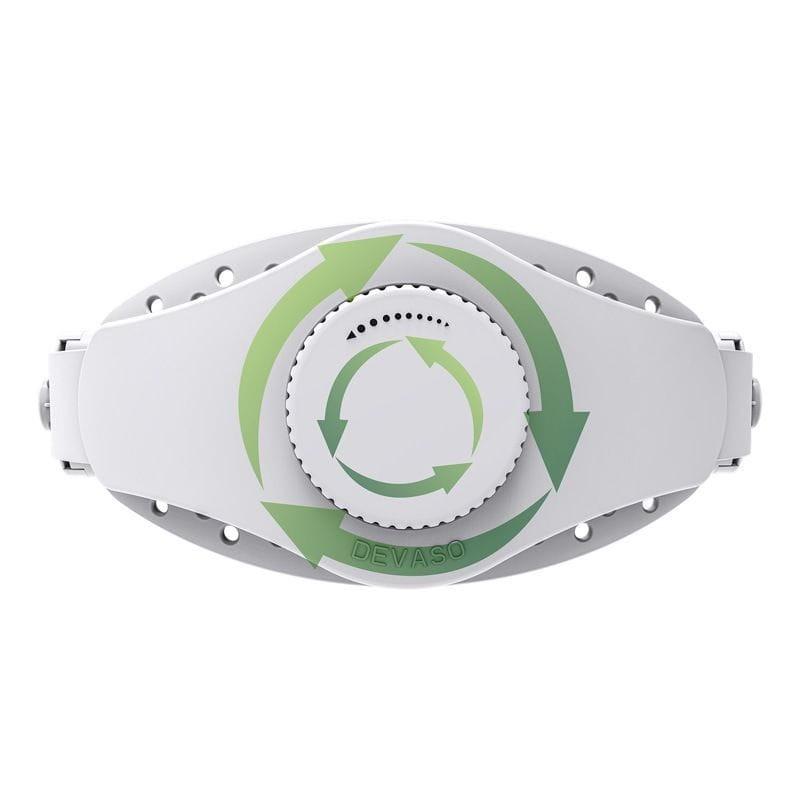 Courroie DEVASO ajustable blanche pour casques VR Meta Quest 3S 3 2 Pro et Pico 4 4 Pro avec molette de réglage centrée et flèches vertes indicatives