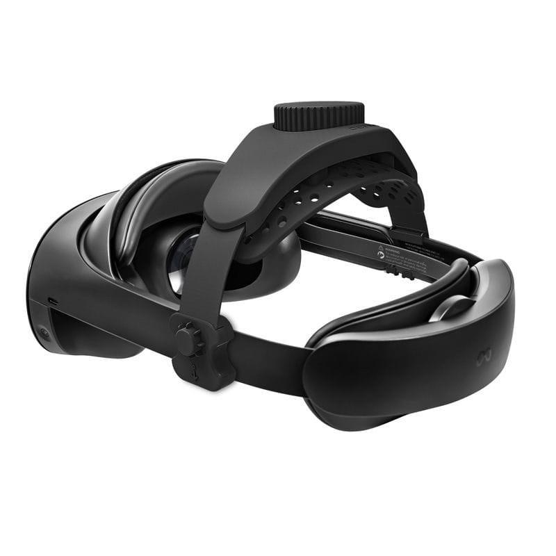 Courroie noire ajustable pour casque VR avec molette de réglage, coussinets rembourrés et support équilibré pour un confort et une stabilité accrus