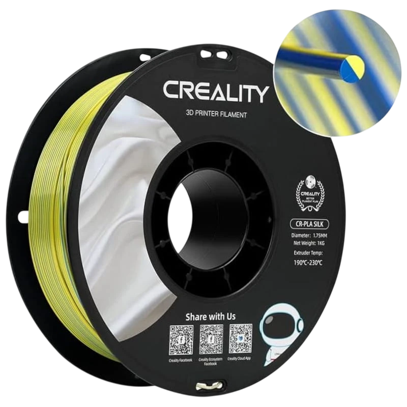Filamento Creality PLA CR-Silk - 1.75mm - Con Textura Sedosa Y Brillante Y Tacto Suave - Velocidad de impresión hasta 100mm/s - Bobina de 1kg Color Amarillo y Azul - Compatible con impresoras 3D FDM