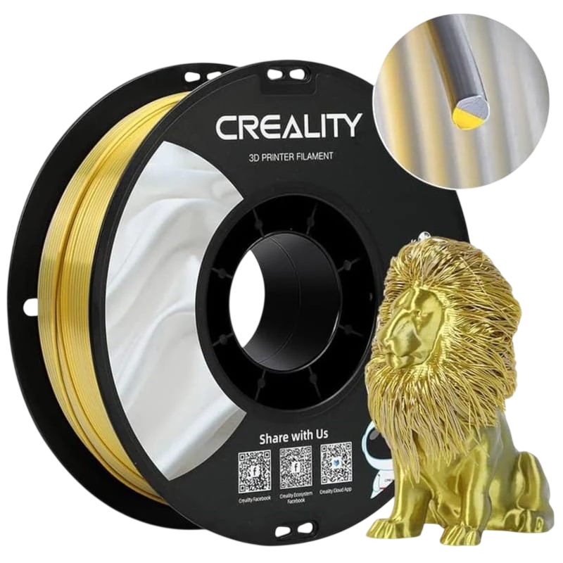 Filamento Creality PLA CR-Silk - 1.75mm - Con Textura Sedosa Y Brillante Y Tacto Suave - Velocidad de impresión hasta 100mm/s - Bobina de 1kg Color Oro/Plata - Compatible con impresoras 3D FDM