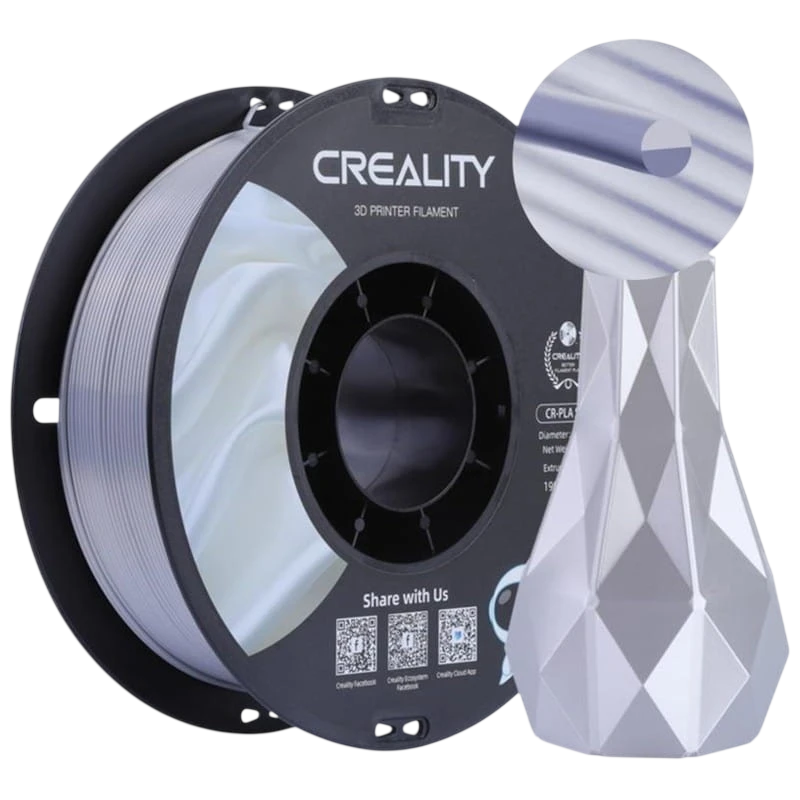 Filamento Creality PLA CR-Silk - 1.75mm - Con Textura Sedosa Y Brillante Y Tacto Suave - Velocidad de impresión hasta 100mm/s - Bobina de 1kg Color Plateado - Compatible con impresoras 3D FDM