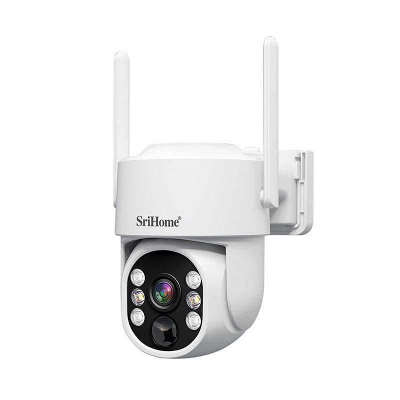 Cámara Sricam DH005 4MP wifi IP66, cuerpo blanco con doble antena, domo PTZ con lente central y 6 LEDs frontales. Clase A reacondicionado