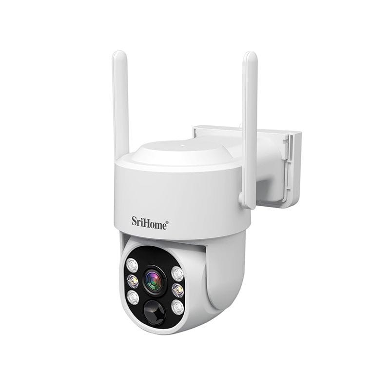 Cámara Sricam DH005 4MP Wifi IP66 solar, rotatoria, blanca, con doble antena y módulo PTZ; lente central y 6 LEDs frontales. Clase A reacondicionado