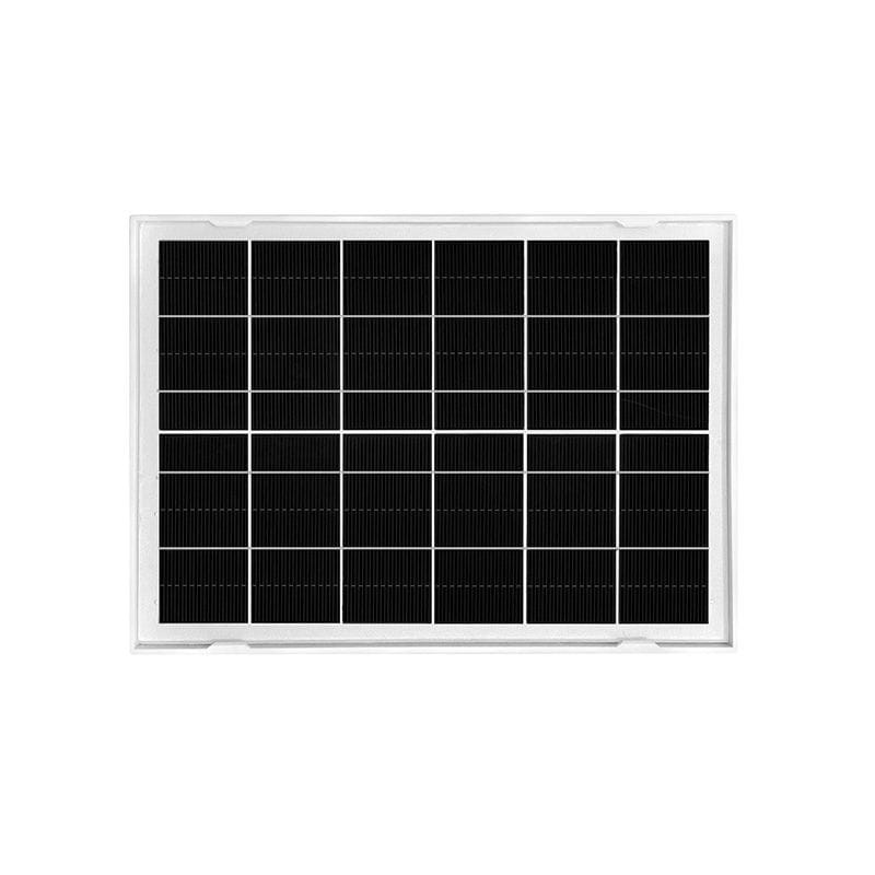 Panel solar negro en marco blanco, formato rectangular con celdas fotovoltaicas alineadas; accesorio del Sricam DH005 4MP Wifi IP66 Solar Clase A
