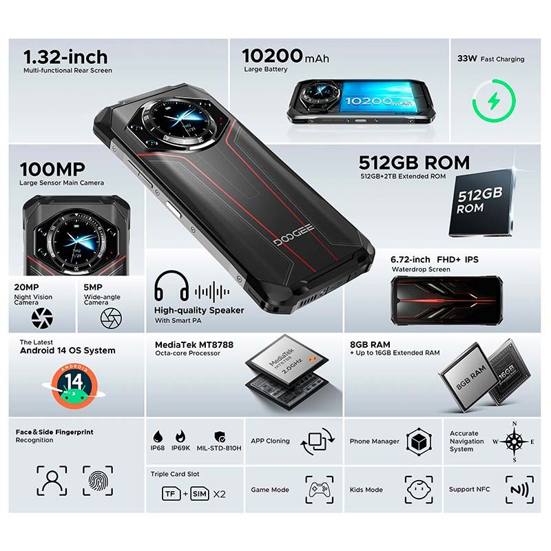 Doogee S119 8GB/512GB Vermelho - características principais