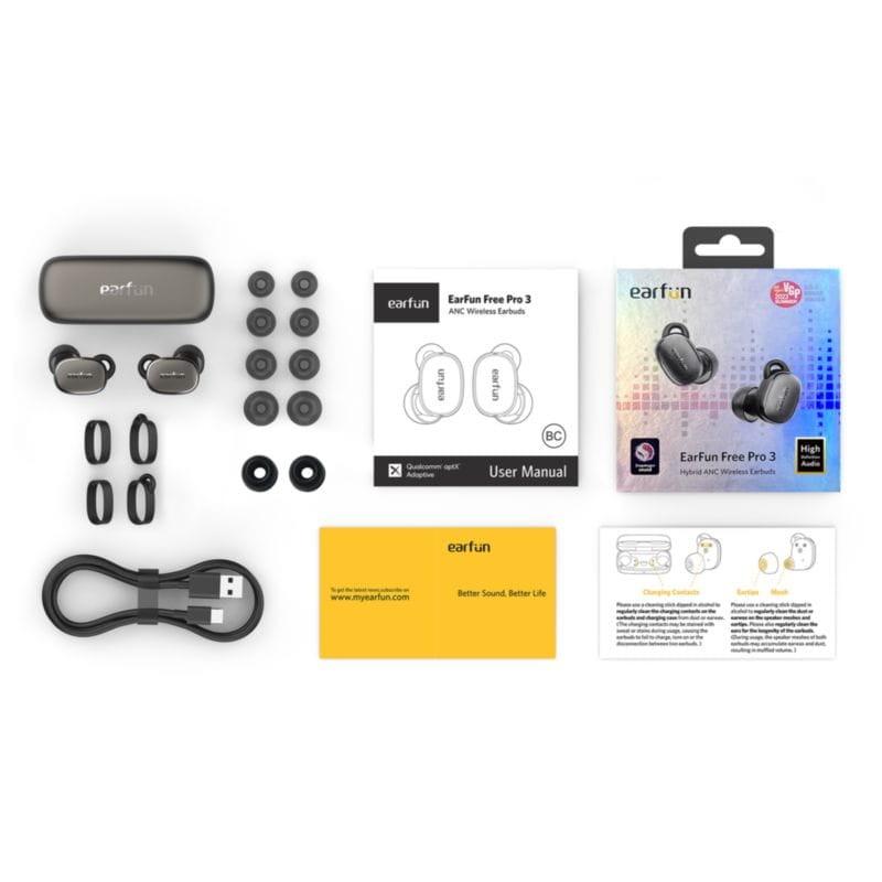 Contenu de la boîte des écouteurs Bluetooth Earfun Free Pro 3 en couleur Noir