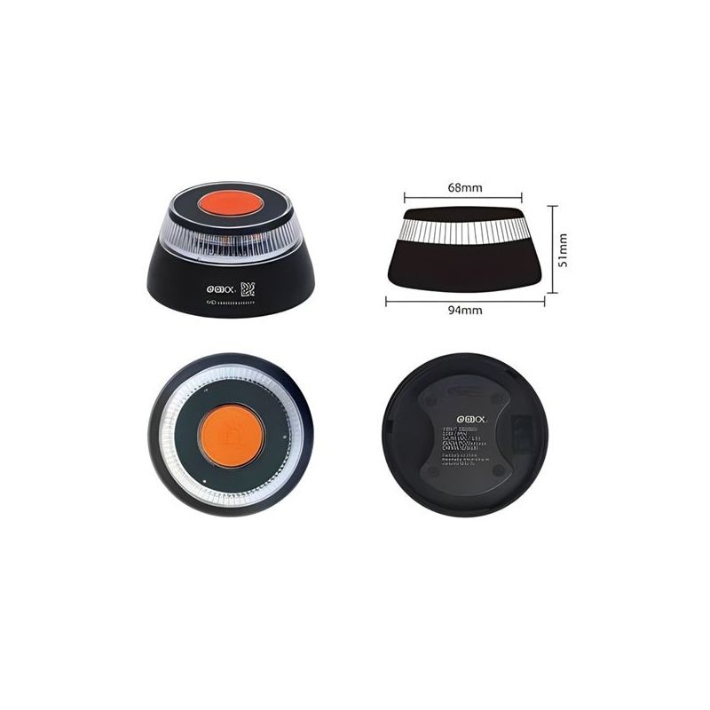 Lados de Baliza Ebox V16 IoT: luz de emergência LED com geolocalização, lente 360°, base preta, topo laranja, corpo translúcido. Inclui caixa com especificações.