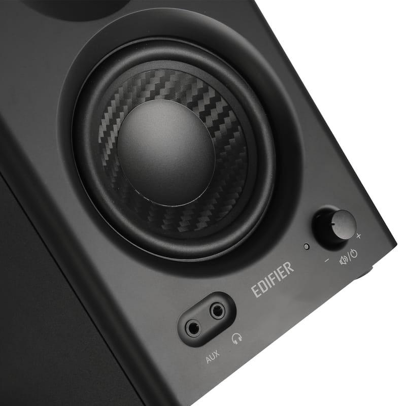 Edifier MR4 21W Negro - Altavoces activos monitores de estudio Detalle de los altavoces y conexiones delanteras