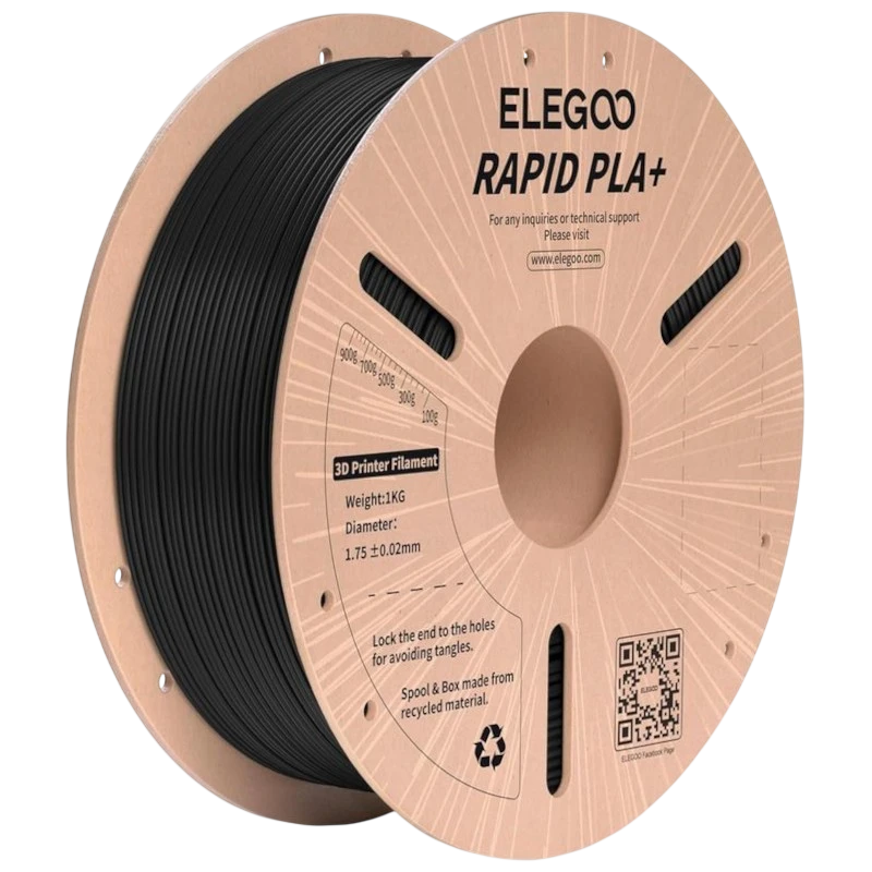 Filamento ELEGOO Rapid PLA + (PLUS) - 1.75mm - Impresión de alta velocidad hasta 600mm/s - Bobina de 1kg Color Negro - Compatible con impresoras 3D FDM