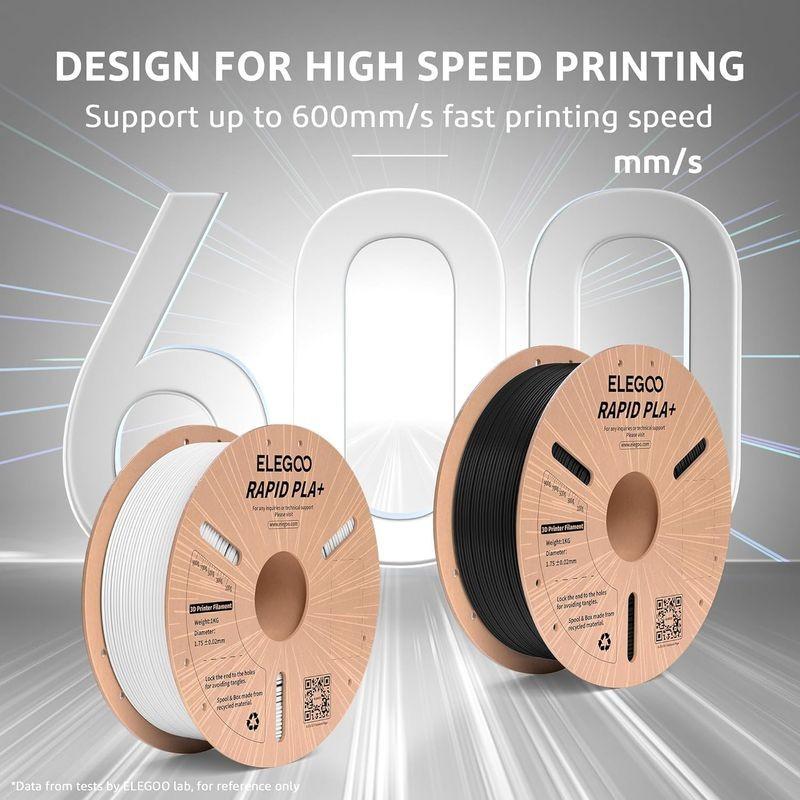 Frontal de Filamento ELEGOO Rapid PLA + (PLUS) - 1.75mm - Impresión de alta velocidad hasta 600mm/s - Bobina de 1kg Color Negro - Compatible con impresoras 3D FDM