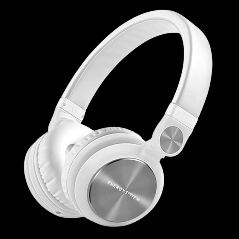 Energy Headphones DJ2 White Mic en blanc, arceau rembourré, coques circulaires avec plaques métalliques brossées, oreillettes pliables, microphone intégré