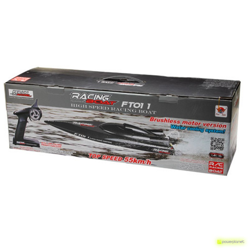 Lancha RC Fei Lun FT011 65cm en su caja: diseño negro aerodinámico, versión brushless con refrigeración por agua, incluye mando y velocidad hasta 55 km/h
