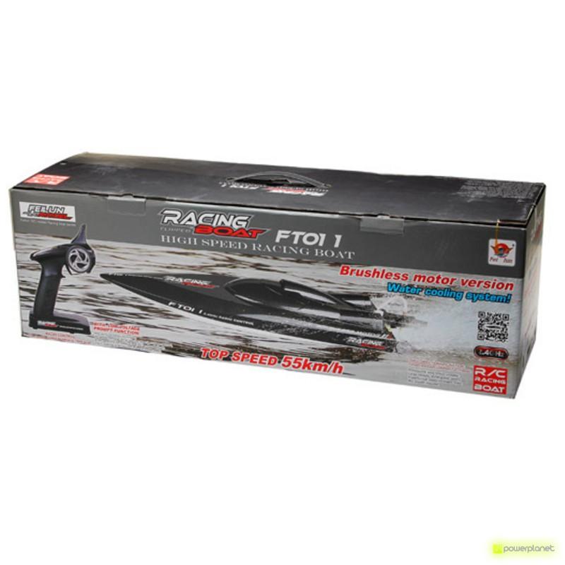 Lancha RC Fei Lun FT011 65cm en su caja: diseño negro aerodinámico, versión brushless con refrigeración por agua, incluye mando y velocidad hasta 55 km/h