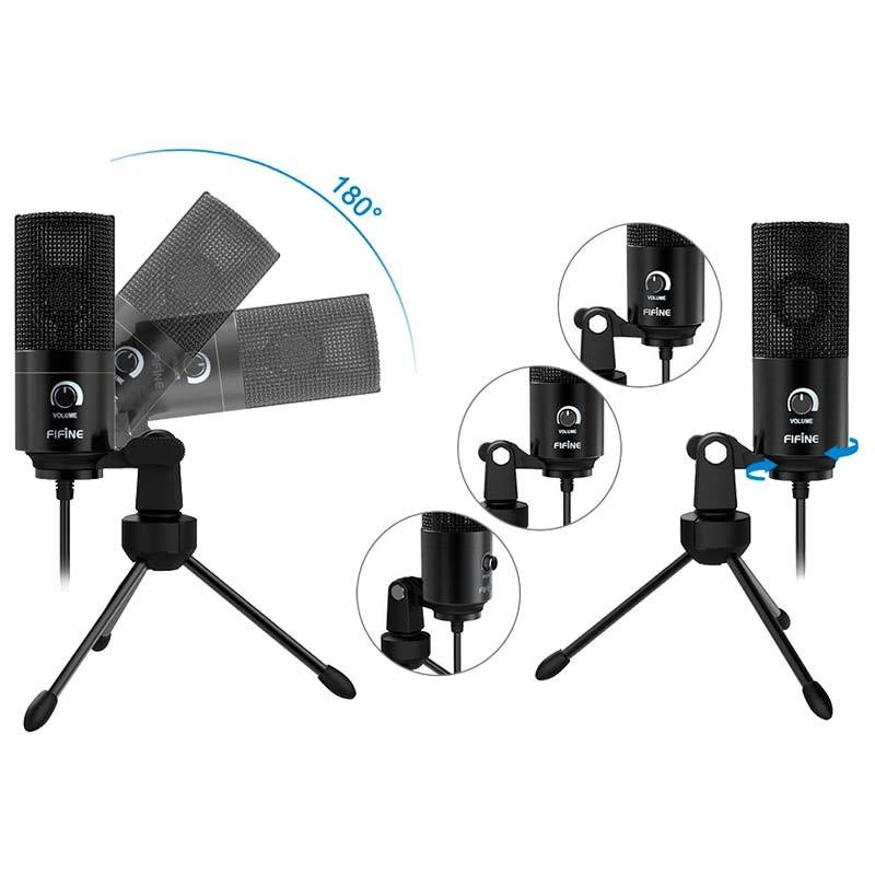 Micrófono USB Negro para Grabación y Transmisión en PC Fifine K669 colocado en vertical u horizontal