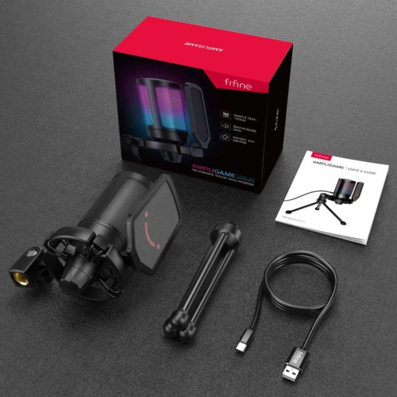 Conteúdo da embalagem do Microfone Fifine A6V RGB Preto