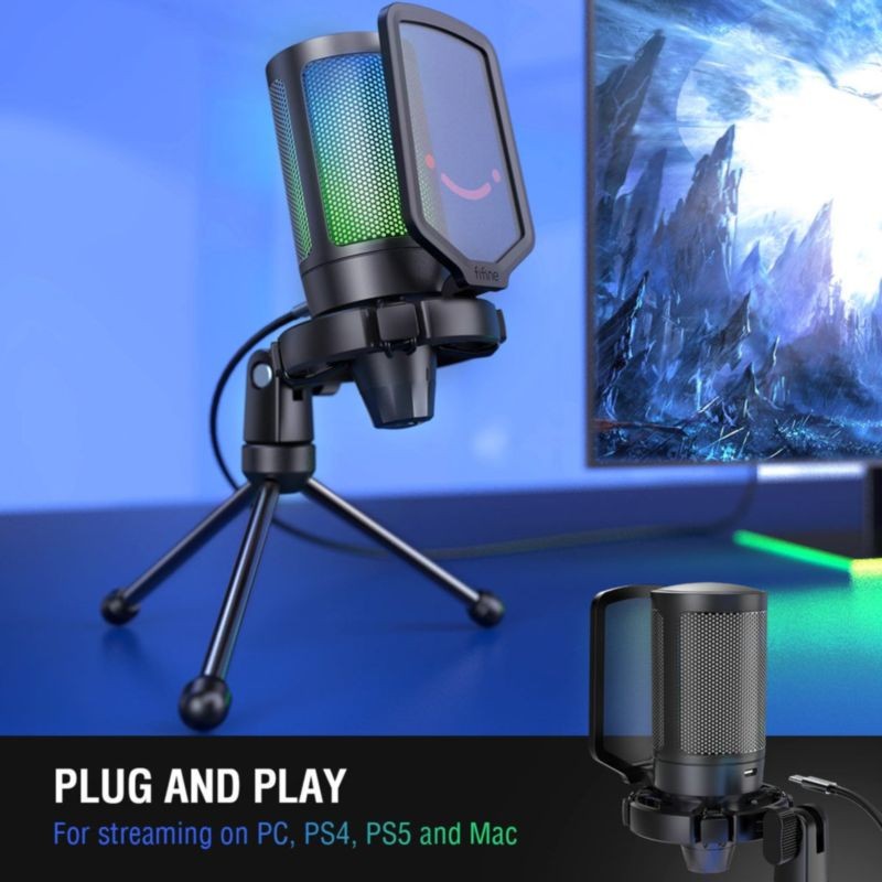 Microfone Fifine A6V RGB Preto plug and play e compatível com Windows, Mac e Playstation